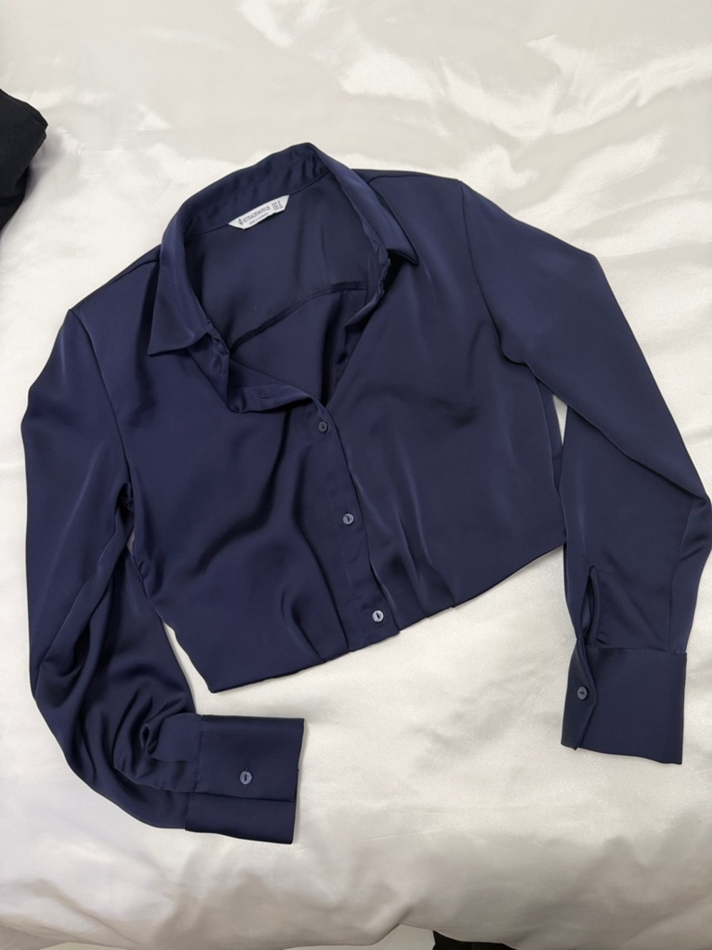 stradivarius Navy Satin Button-Down Cropped Shirt